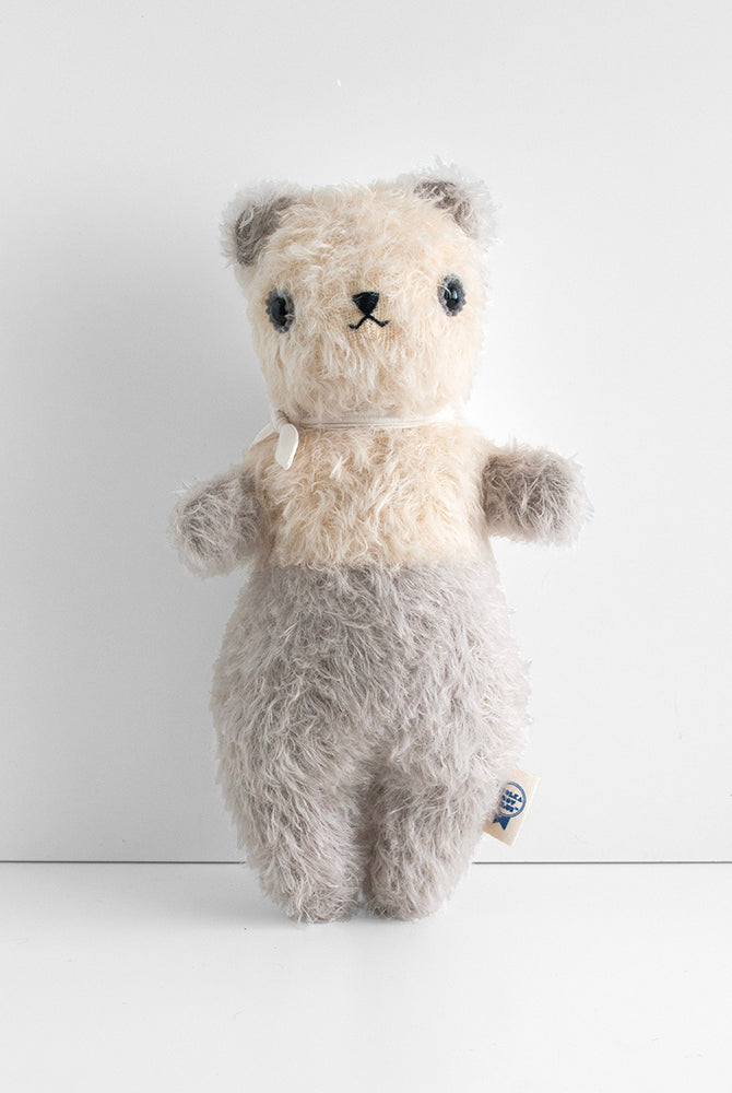 Polka Dot Club Big Bear with long Mohair, wool felt, and safety eyes. Stuffed with cotton. Heritage toy hand made in the USA. This heirloom Teddy Bear will be passed on for generations.