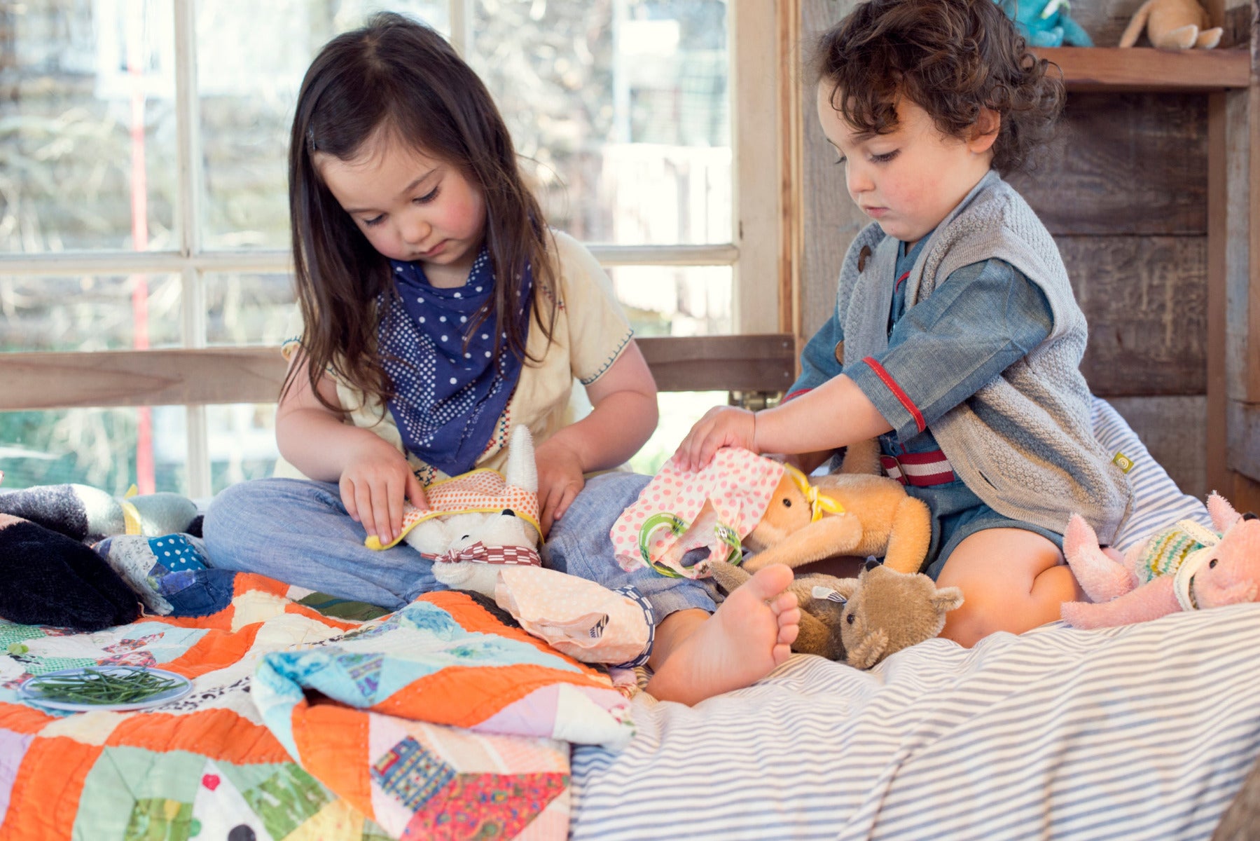Parallel Play. Two children playing dress-up with their teddy bears. POLKA DOT CLUB Classic Mohair Teddy Bears. for play, imagination, and an heirloom forever.